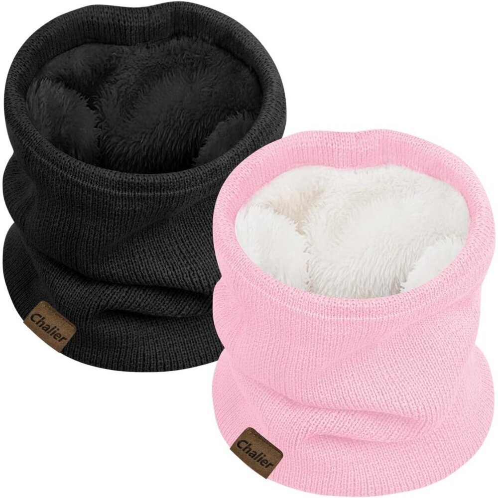 Women's H-black + Pink Scarf Winter Double-Layer Neck Warmer Knit Fleece
